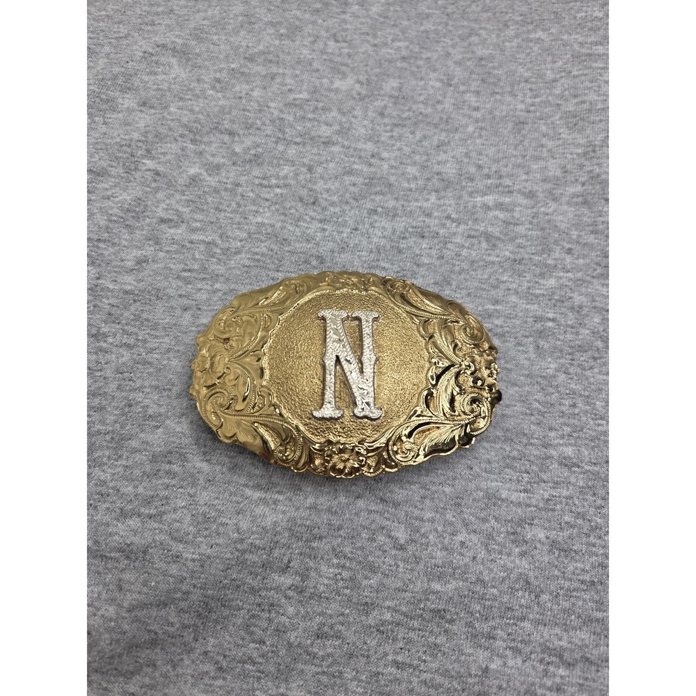 Rare Antique Crumrine Initial N Gold Silver Belt Buckle
